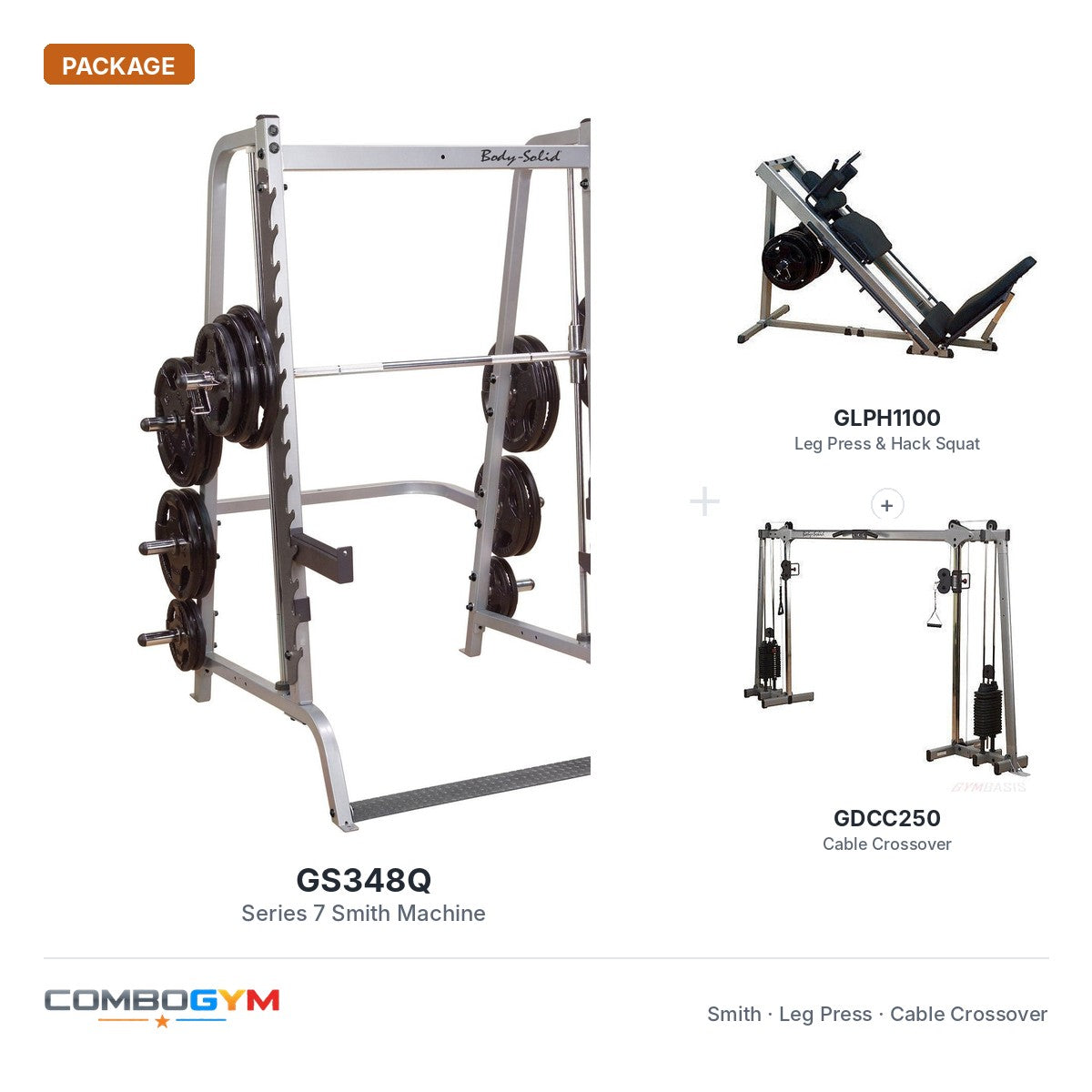 Body-Solid Set: GDCC250 Crossover | GLPH1100 Leg Press Hack Squat | GS348Q Smith – package contents