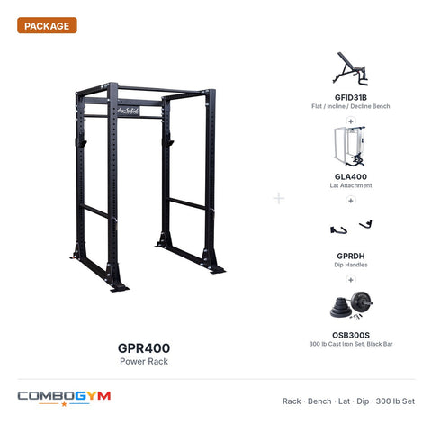 Body-Solid GPR400 Power Rack Package with GFID31B Bench, Lat and Dip Attachments and Cast Iron Olympic Set