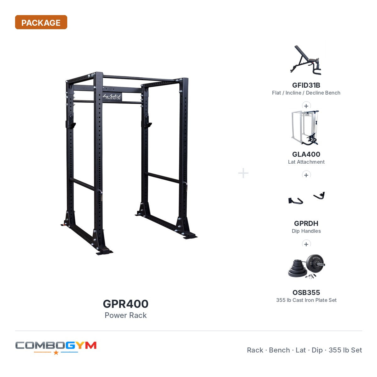 GPR400 power rack package with bench, lat and dip attachments and 355 lb cast iron plate set