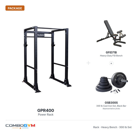 Body-Solid GPR400 Power Rack Package with GFID71B Heavy-Duty Bench and Cast Iron Olympic Set