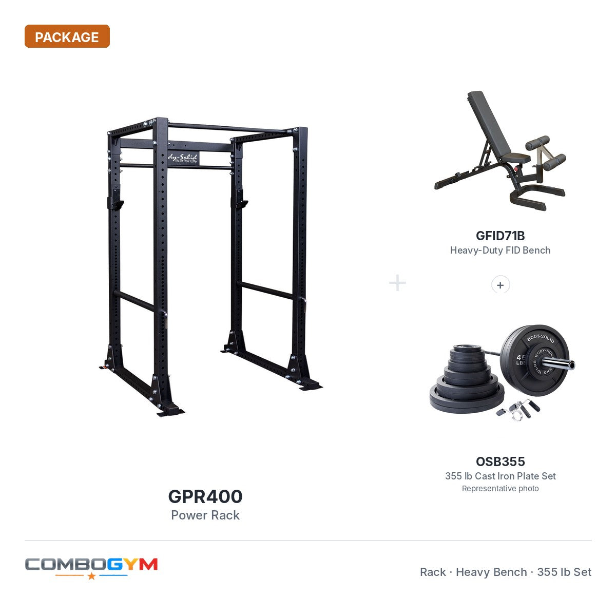 GPR400 power rack package with GFID71B heavy-duty bench and 355 lb cast iron plate set