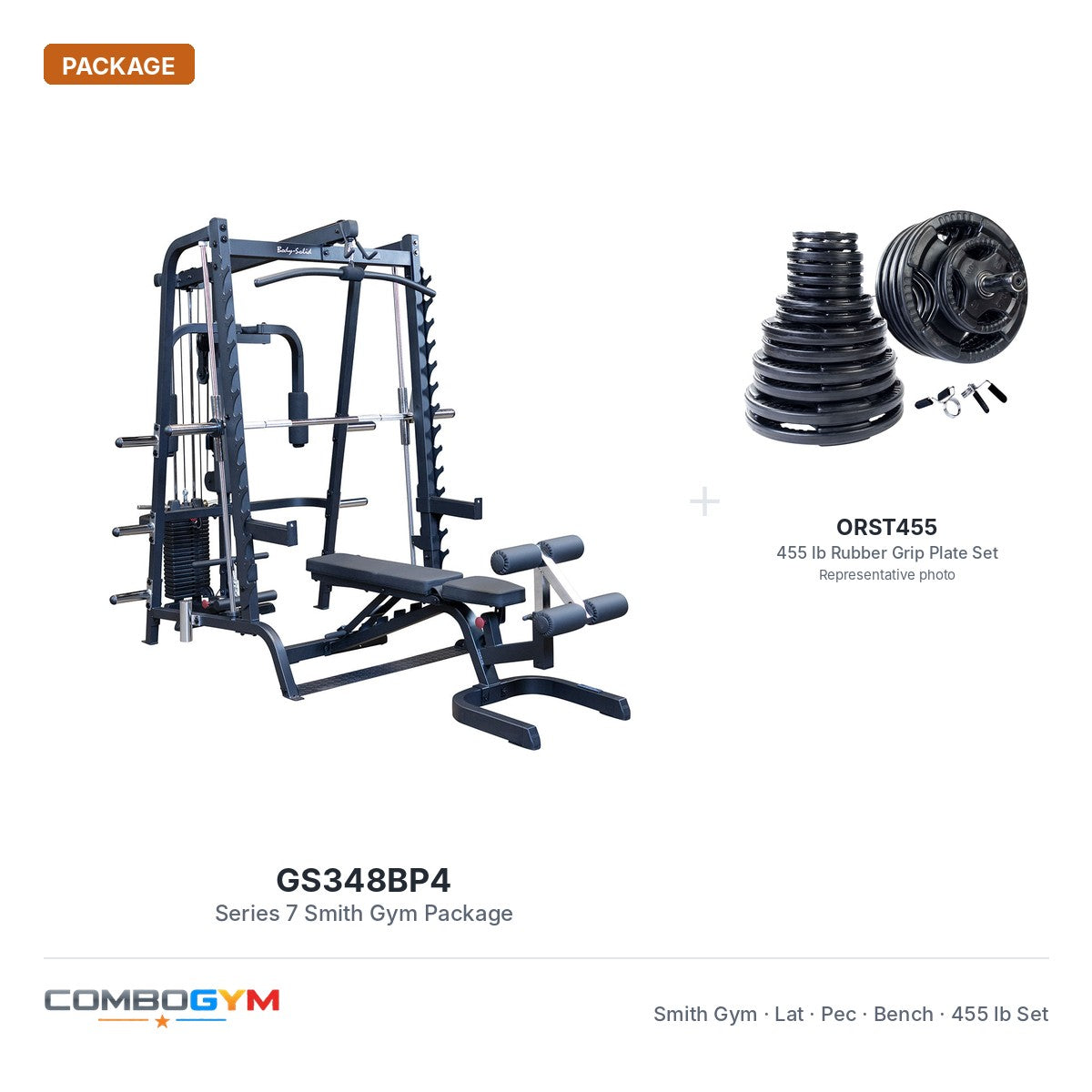 GS348BP4 Series 7 Smith gym package with 455 lb rubber grip plate set