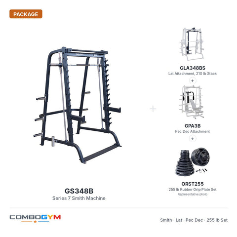 Body-Solid GS348B Series 7 Smith Machine Package with Lat Attachment, Pec Dec and Rubber Grip Olympic Set