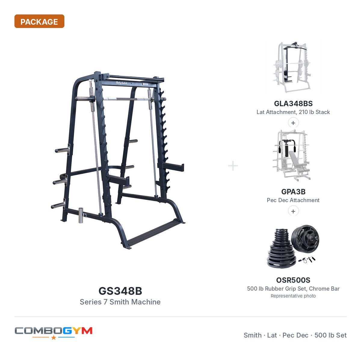 GS348B Smith machine package with GLA348BS lat attachment, GPA3B pec dec and 500 lb rubber grip Olympic set
