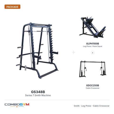 Body-Solid GS348B Smith Machine, GLPH1100B Leg Press and GDCC250B Cable Crossover Package
