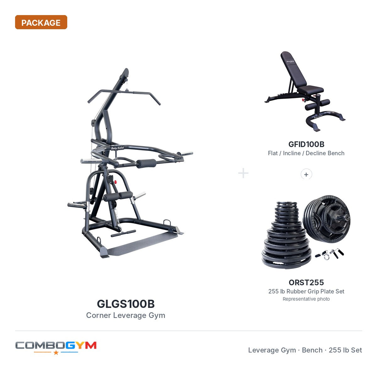 GLGS100B corner leverage gym package with GFID100B bench and 255 lb rubber grip plate set
