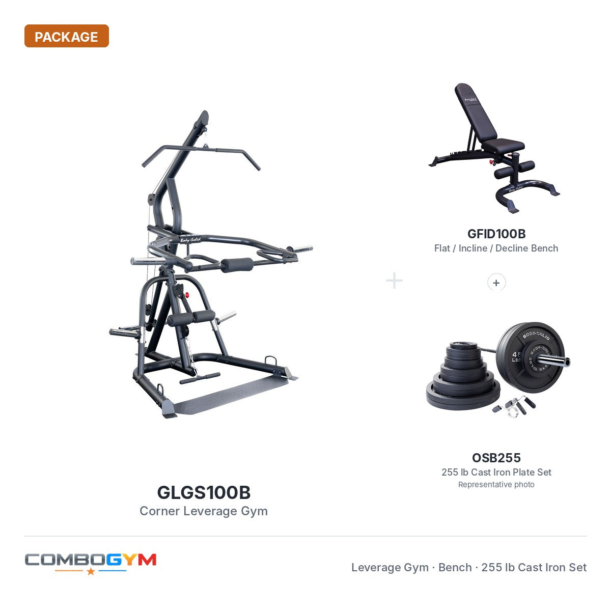 GLGS100B corner leverage gym package with GFID100B bench and 255 lb cast iron plate set