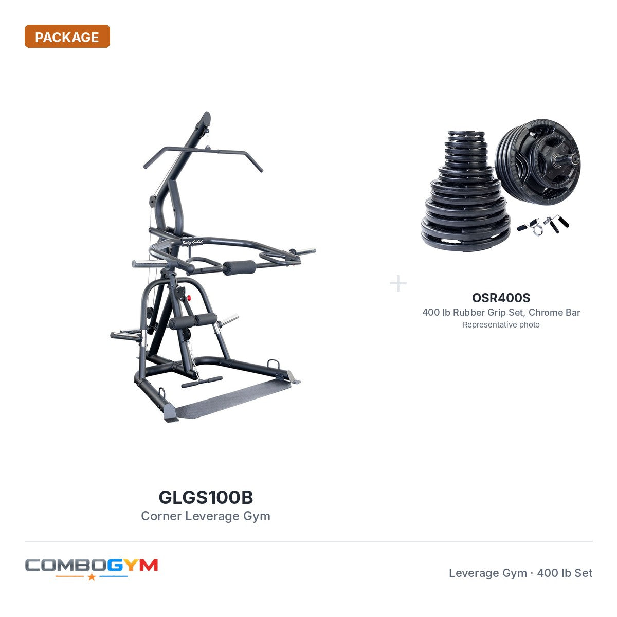 GLGS100B corner leverage gym package with 400 lb rubber grip Olympic set