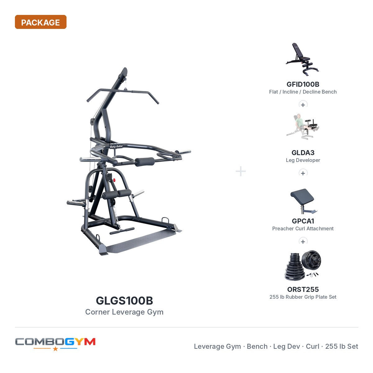 GLGS100B corner leverage gym fully loaded package with GFID100B bench, leg developer, preacher curl and 255 lb rubber grip plate set
