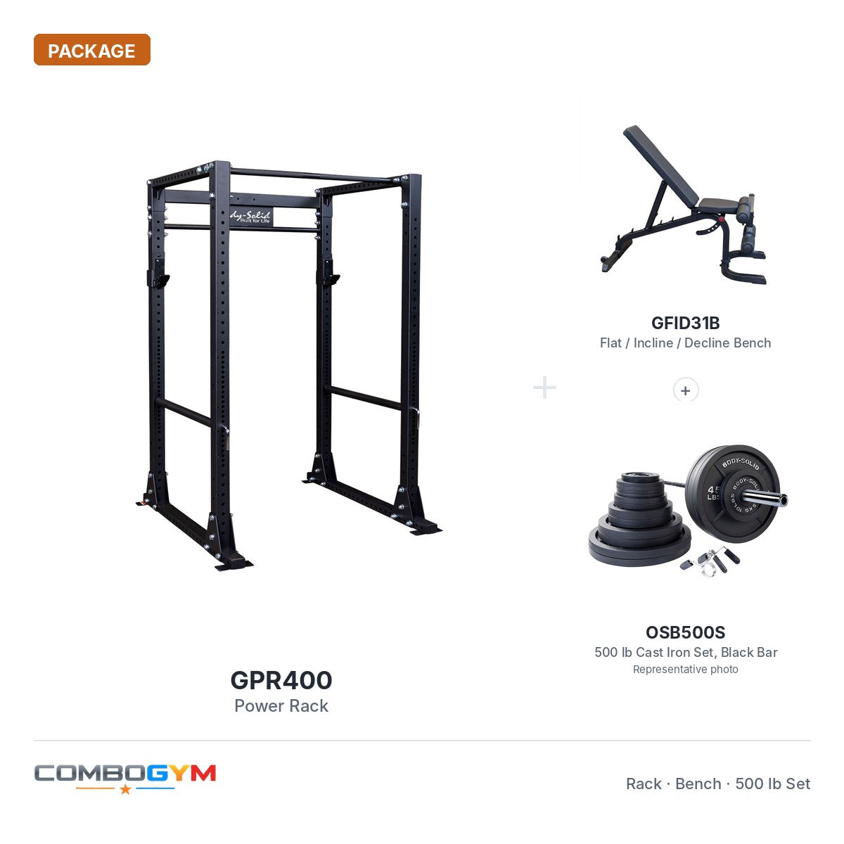 GPR400 power rack package with GFID31B bench and 500 lb cast iron Olympic set
