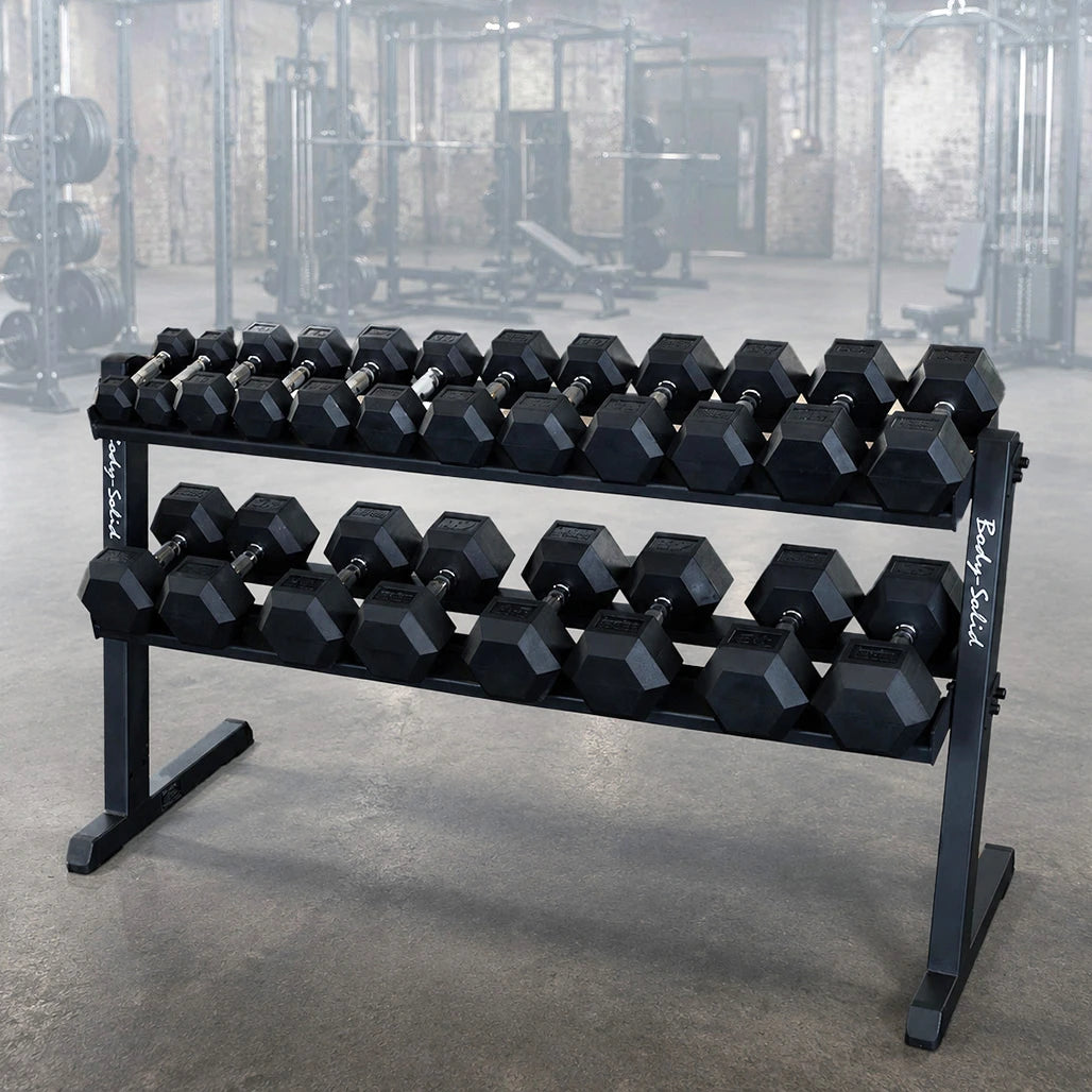 Body-Solid Rubber Hex Dumbbell Set 5-50 lb with Heavy-Duty 2-Tier Rack - photo 1
