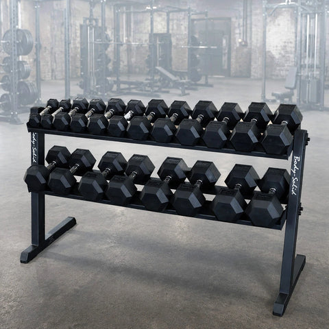 Body-Solid Rubber Hex Dumbbell Set 5-50 lb with Heavy-Duty 2-Tier Rack (GDR60-RFWS)