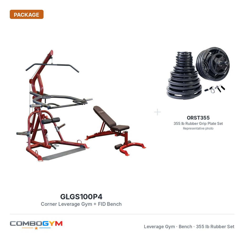 Body-Solid GLGS100P4 corner leverage gym package with FID bench and 355 lb rubber grip plate set
