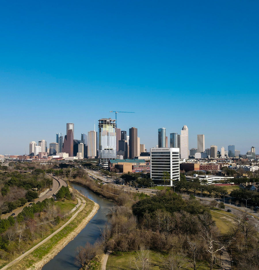 Downtown skyline above the bayou, Houston, Texas