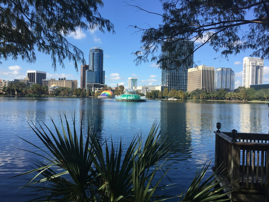 Lake and city skyline, Orlando, Florida