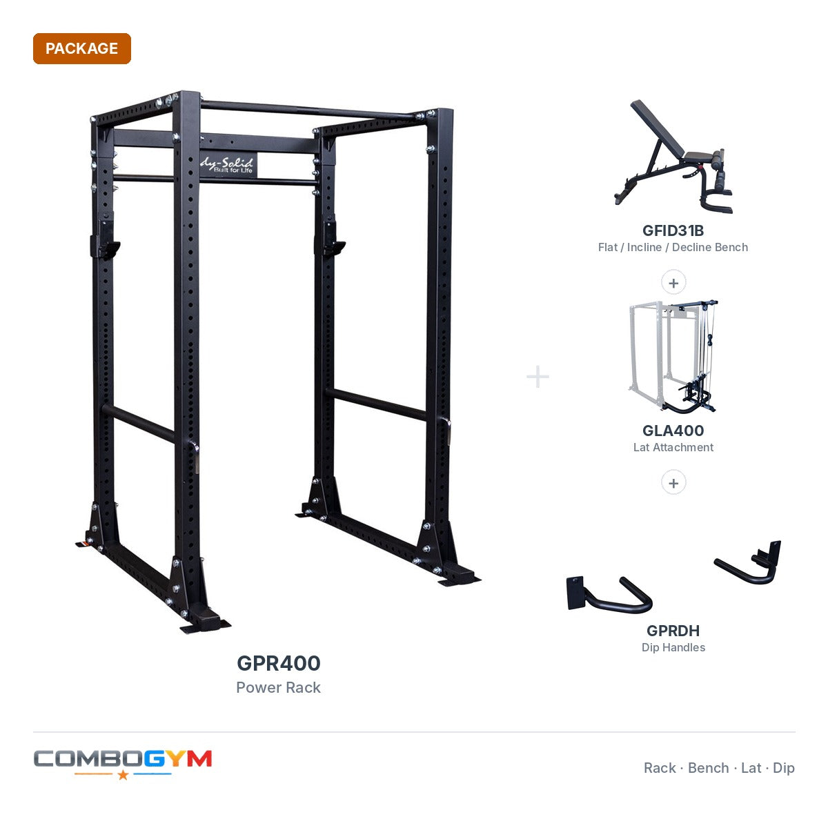 Body-Solid GPR400 power rack package: GPR400 rack, GFID31B bench, GLA400 lat attachment and GPRDH dip handles