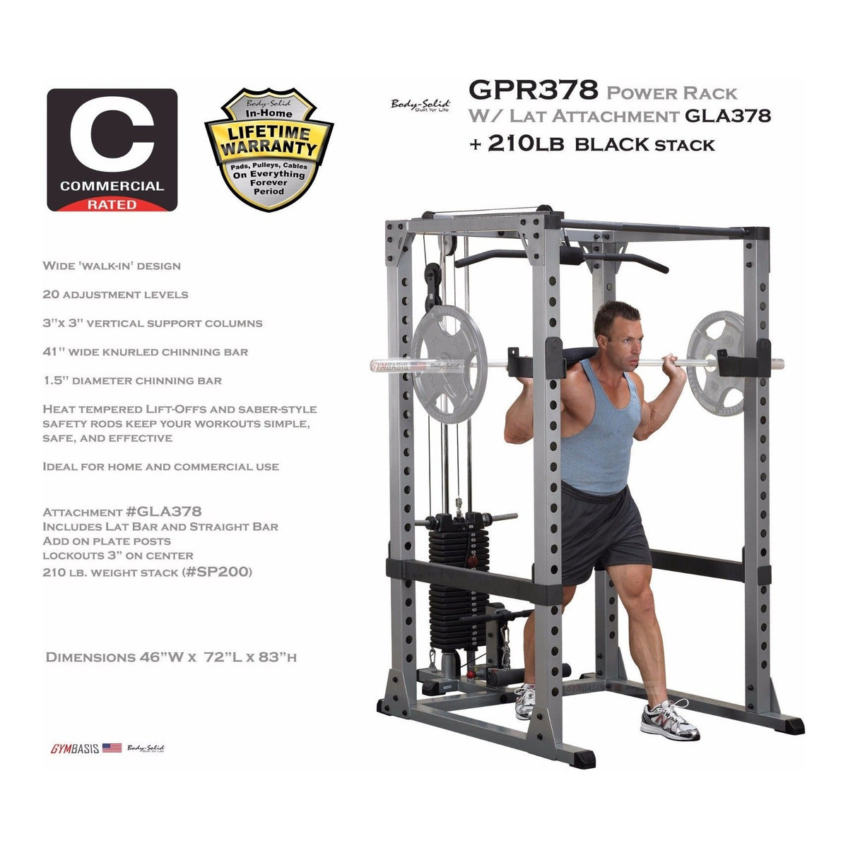 Body-Solid GPR378 Power Rack w/ GLA378 Lat Attach