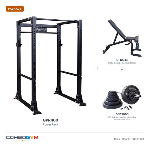Body-Solid GPR400 Power Rack Package with GFID31B Bench and Cast Iron Olympic Set