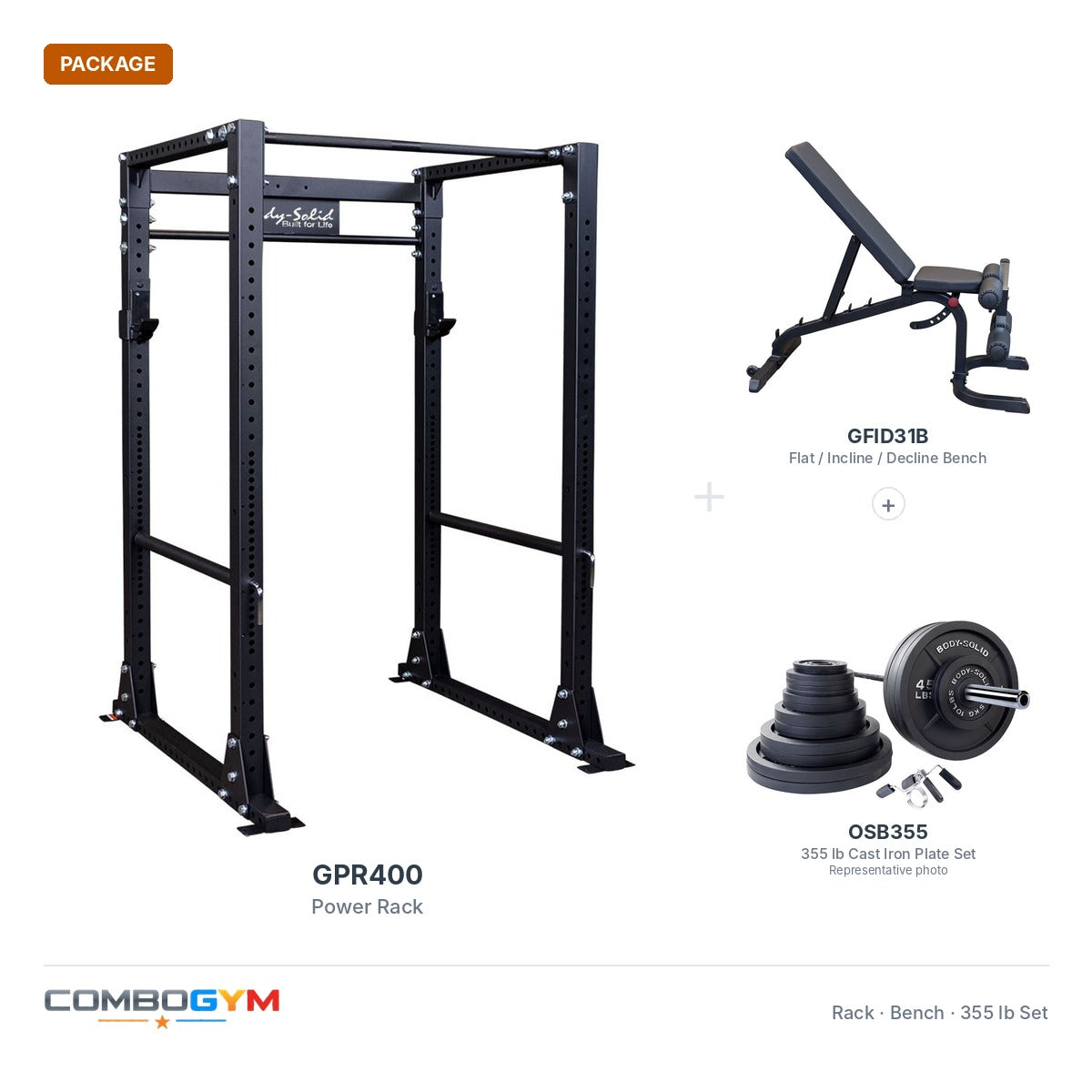 GPR400 power rack package with GFID31B bench and 355 lb cast iron plate set