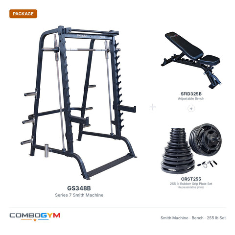 Body-Solid GS348B Series 7 Smith Machine Package with SFID325B Bench and Rubber Grip Olympic Set