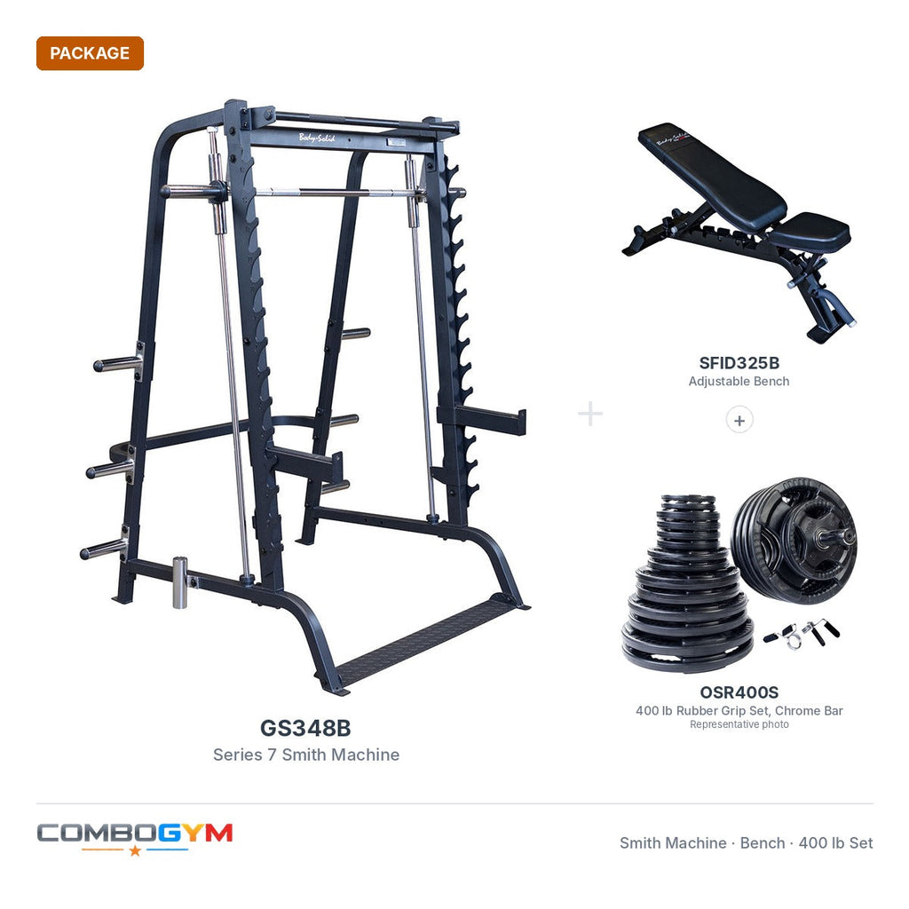 GS348B Smith machine package with SFID325B bench and 400 lb rubber grip Olympic set