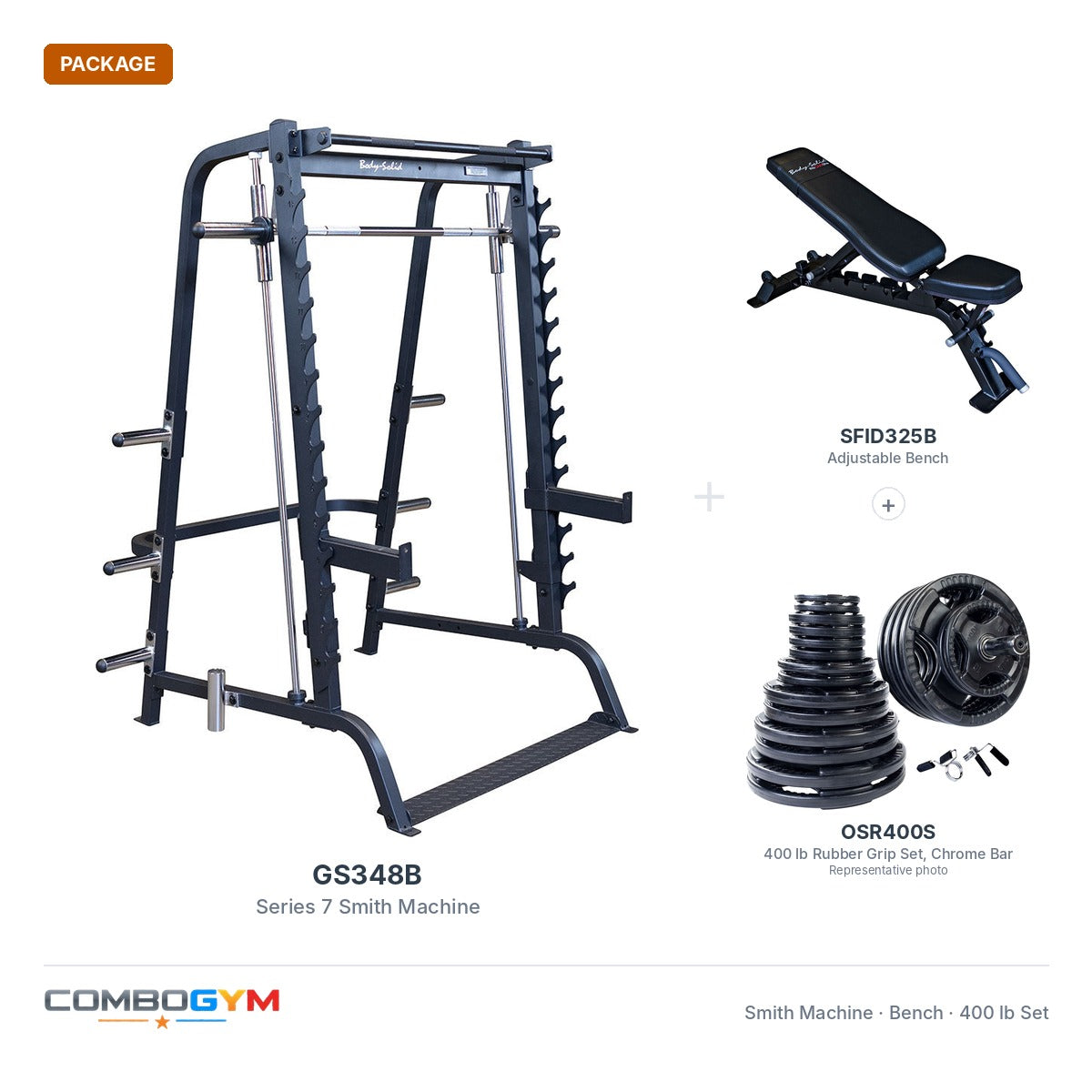 GS348B Smith machine package with SFID325B bench and 400 lb rubber grip Olympic set