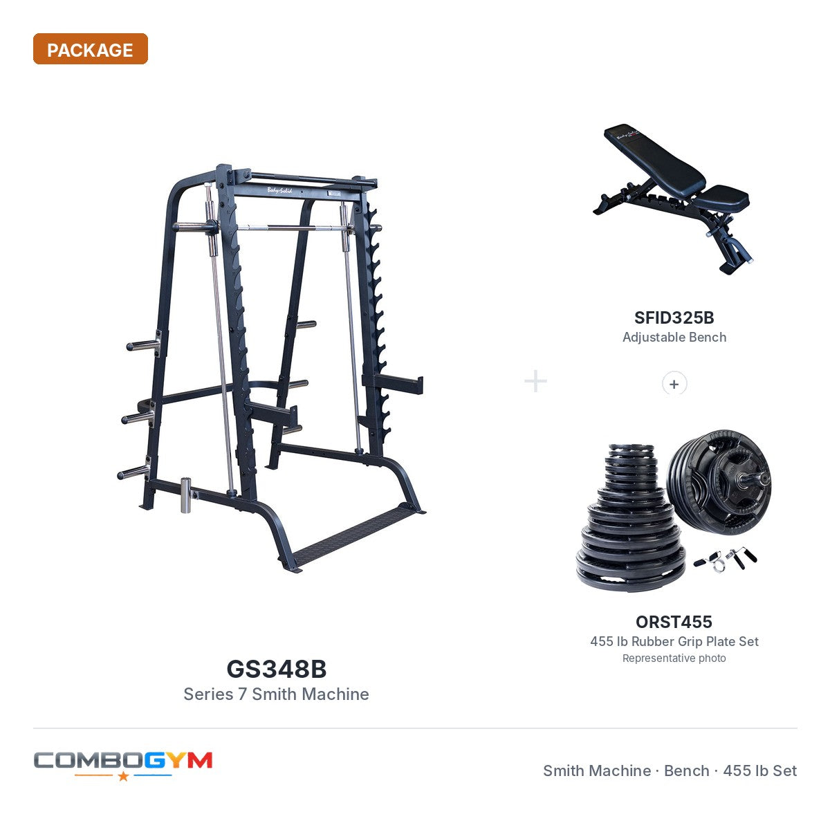 GS348B Smith machine package with SFID325B bench and 455 lb rubber grip plate set