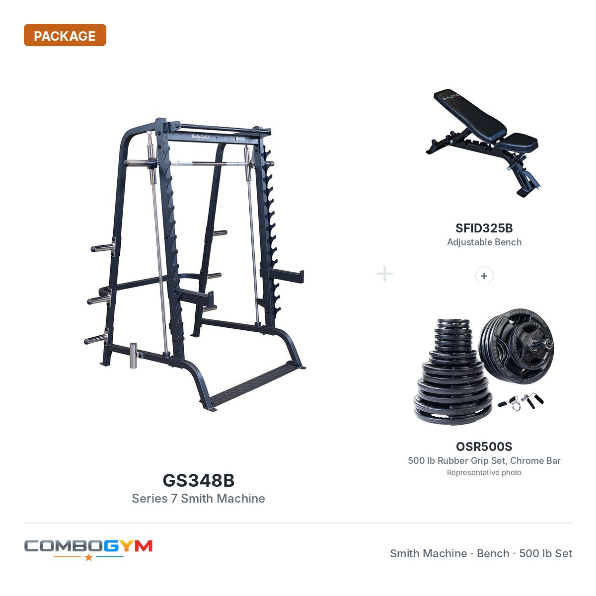 GS348B Smith machine package with SFID325B bench and 500 lb rubber grip Olympic set