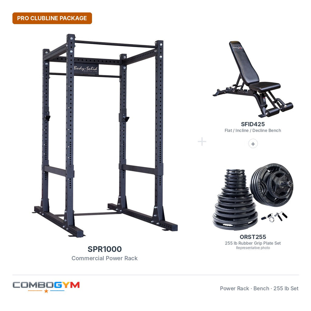 SPR1000 power rack package with SFID425 bench and 255 lb rubber grip plate set