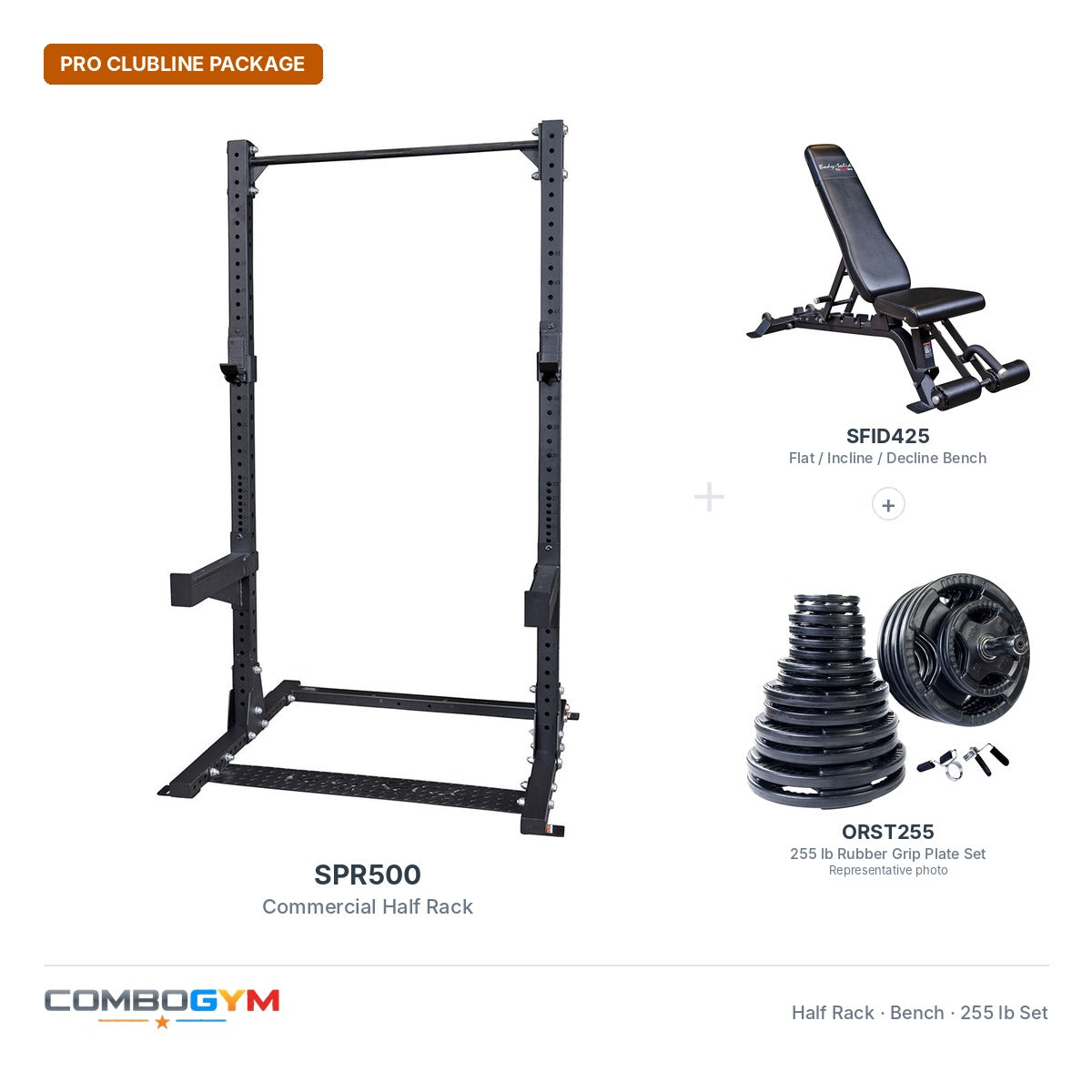 SPR500 half rack package with SFID425 bench and 255 lb rubber grip plate set